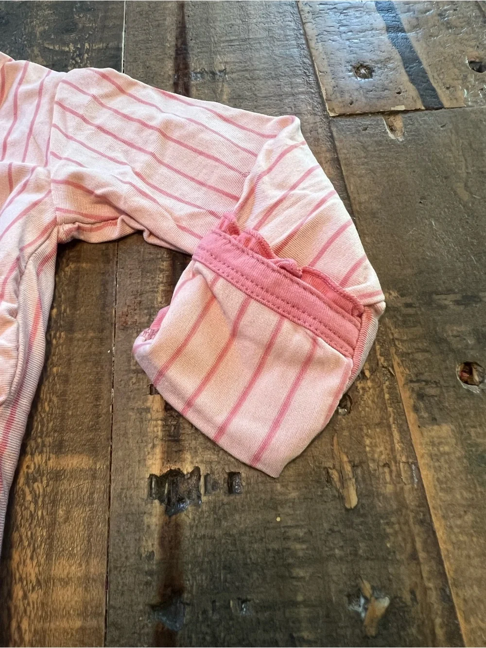 Kickee Pants size 6-9 months pink stripe ruffle with two way zipper footie new